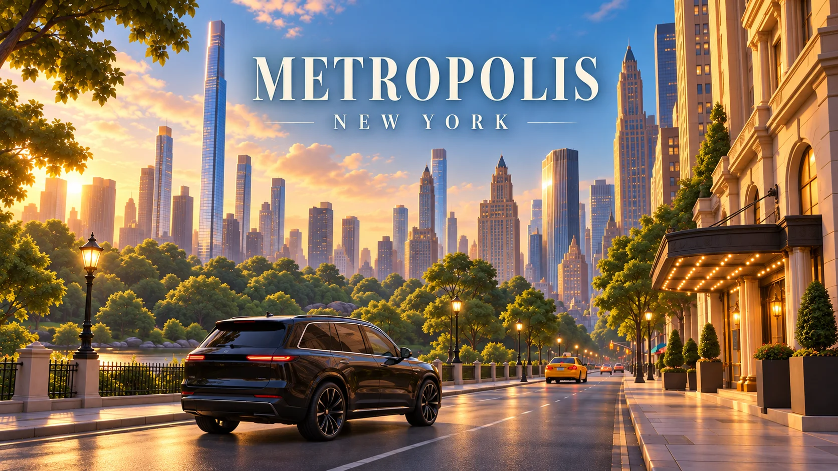 Conceptual New York-inspired city skyline at dusk
