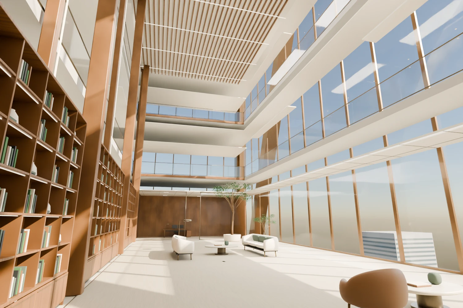 Light-filled atrium with full-height bookshelves and lounge seating from the private development build