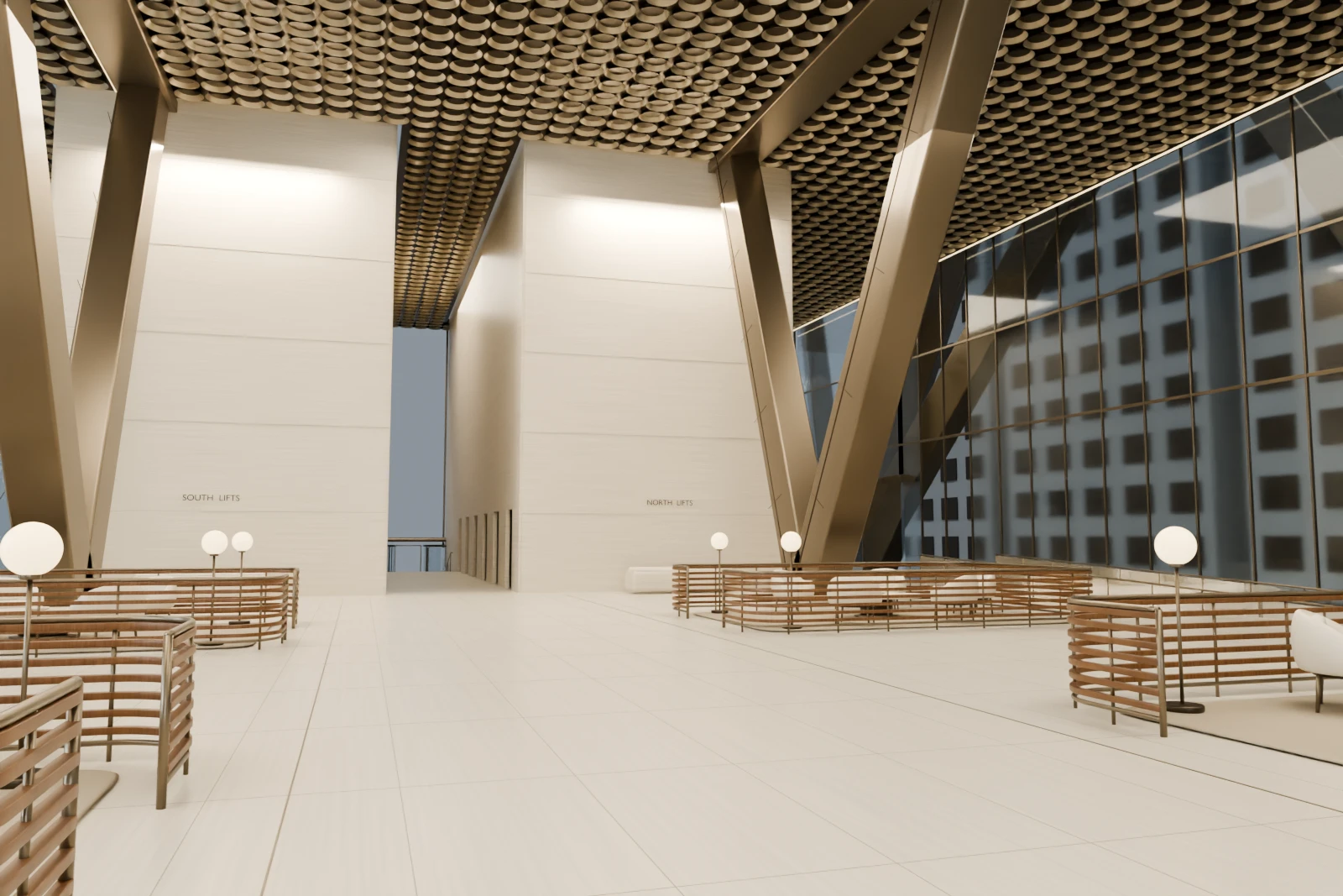 Lift lobby with north and south lift cores and lounge seating from the private development build