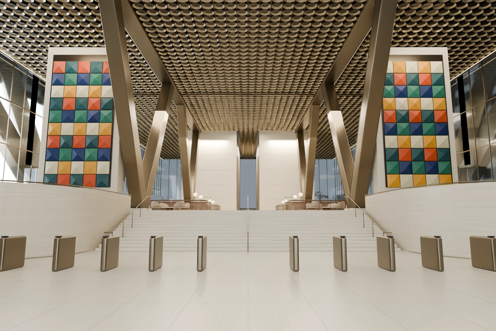 Workplace lobby with bronze columns, a grand stair and colourful tiled art walls, in the private METROPOLIS development build