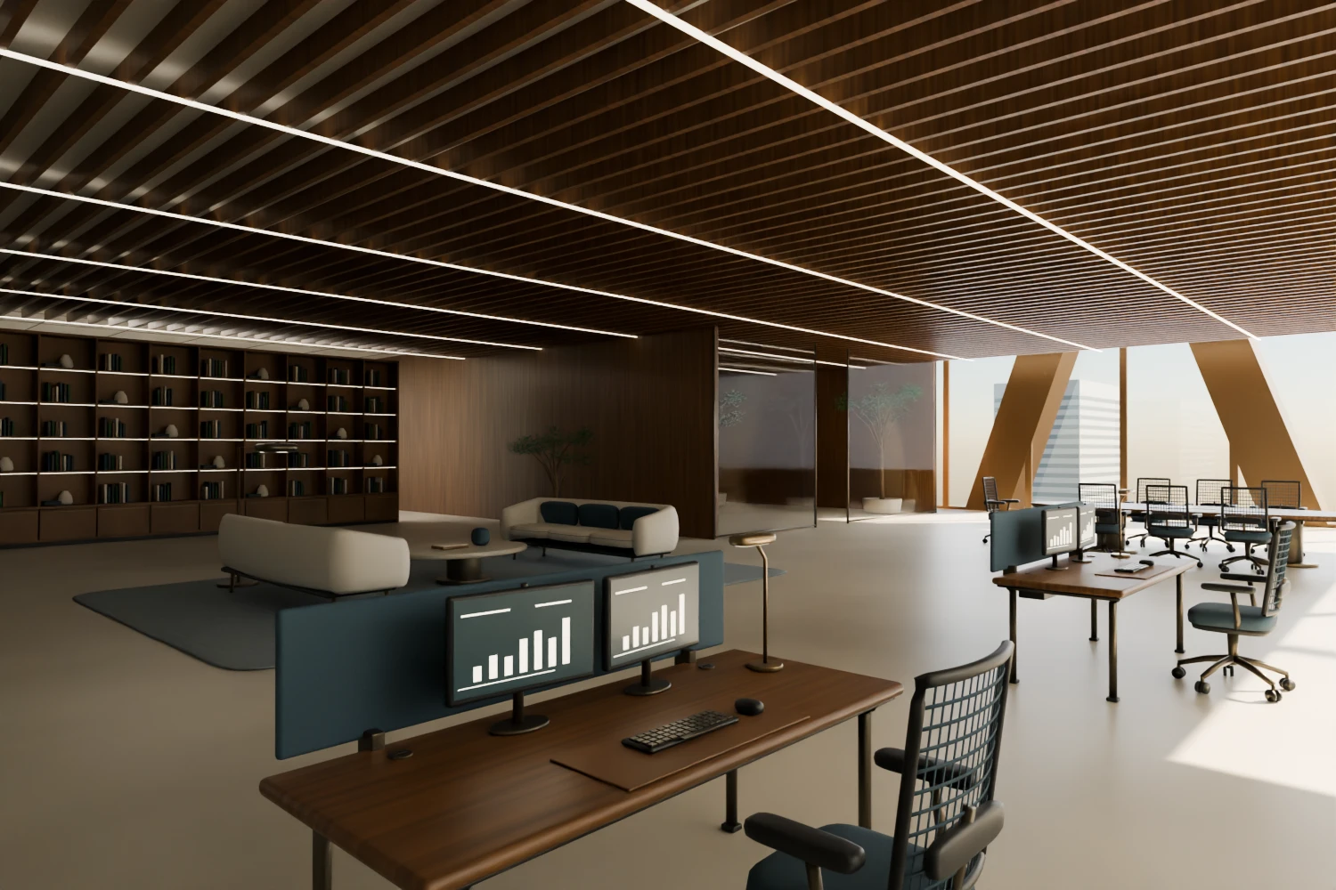Open-plan office with walnut desks, a timber-slat ceiling and a library lounge, in the private METROPOLIS development build